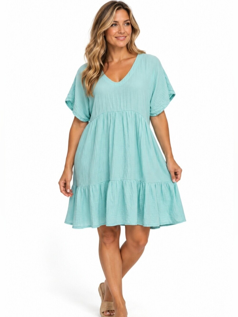 Mododoc Dress Small Oversized 100% Cotton Gauze Aqua Tiered Babydoll Boho